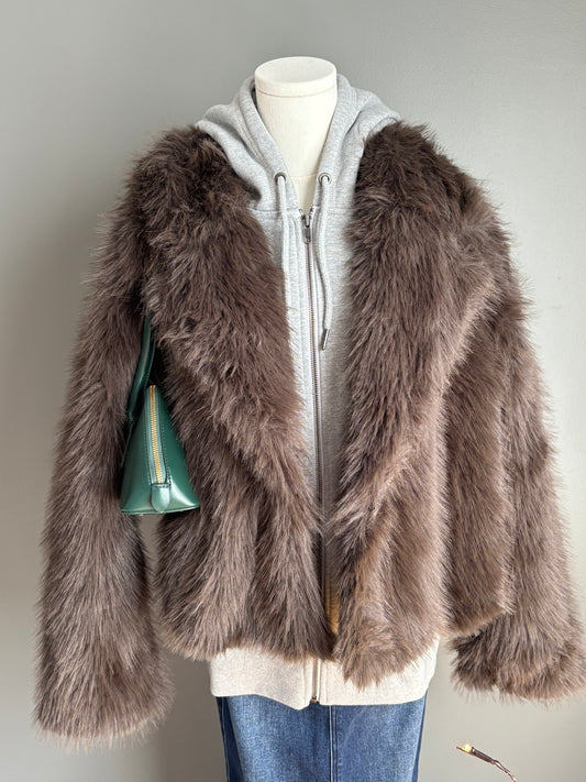 Shawl Collar Faux Fur Jacket Mocha