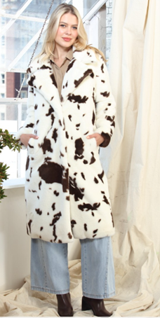 Cow Print Faux Fur Long Overcoat