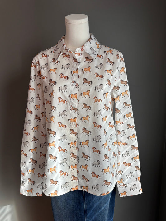 Cotton Poplin Horse Print Button Up Shirt