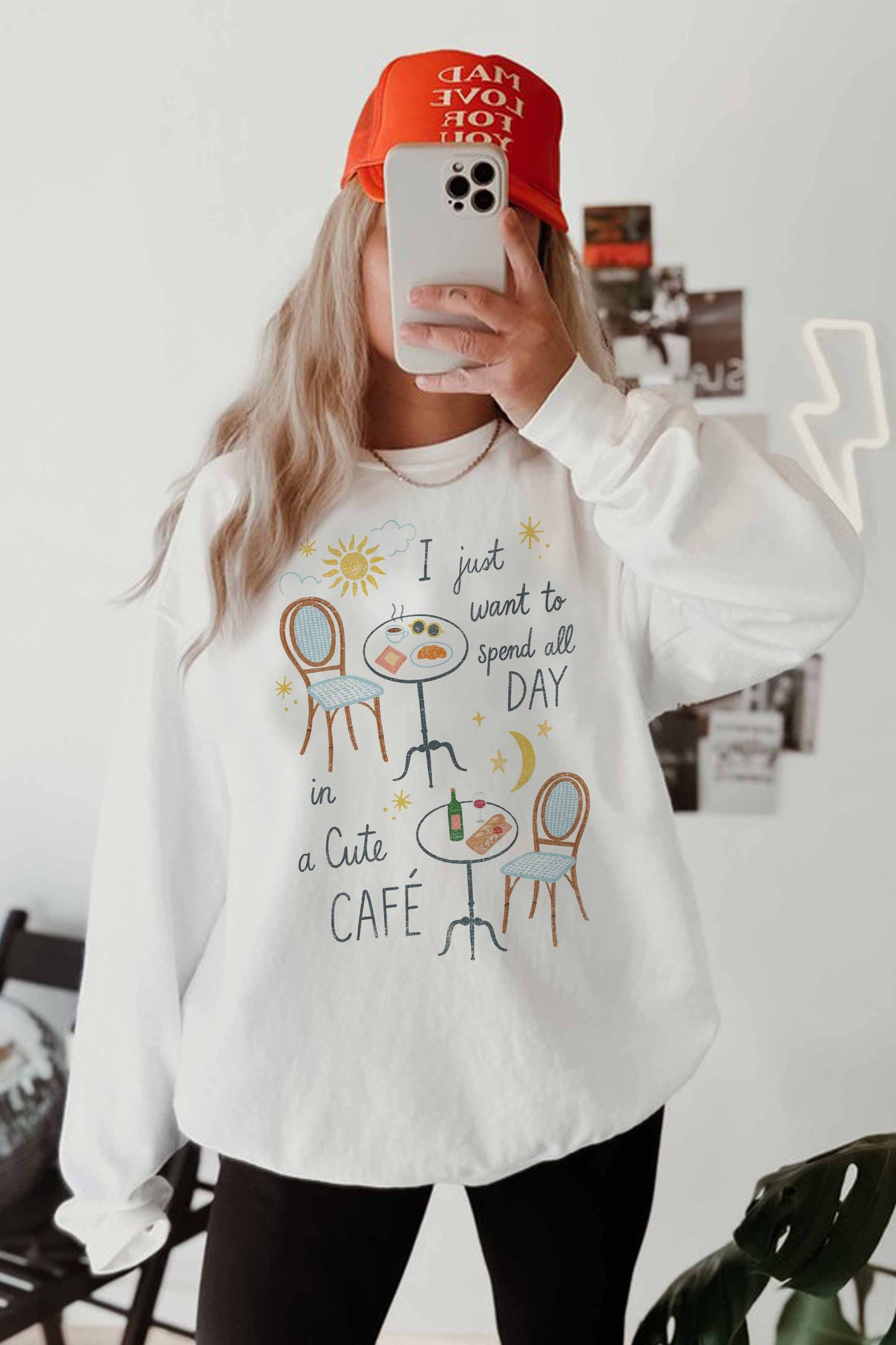PINK ALL DAY IN A CUTE CAFE  OVERSIZED SWEATSHIRT
