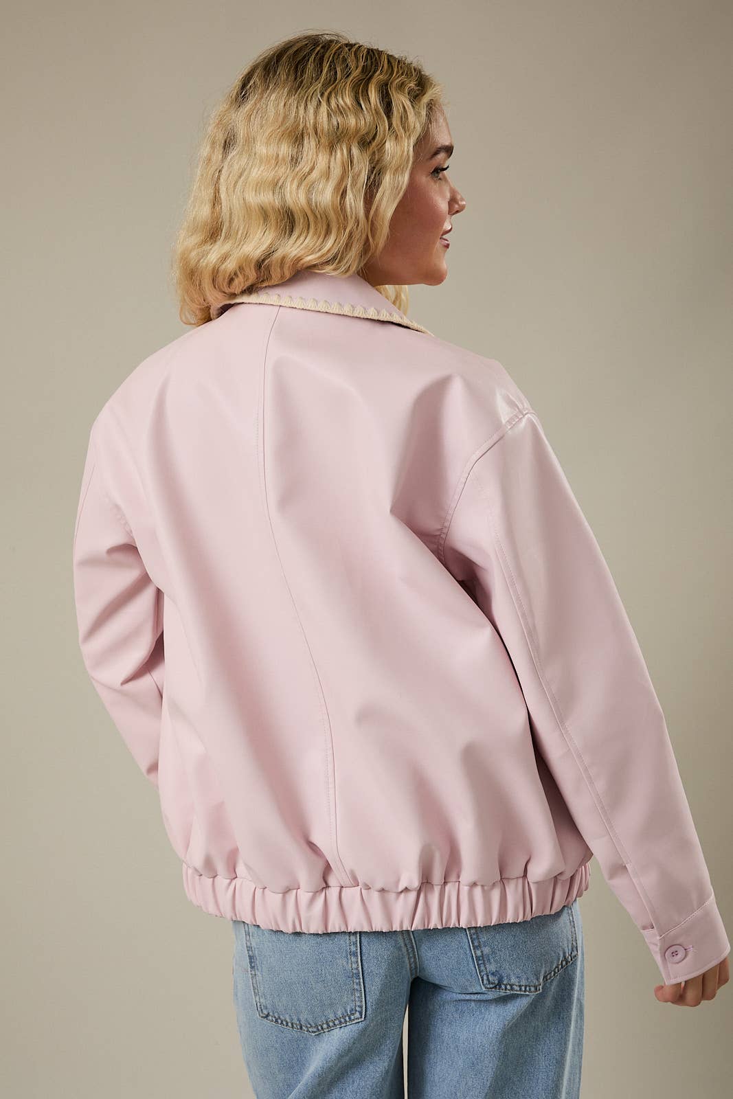 PINK FAUX LEATHER JACKET WITH BLANKET STITCH