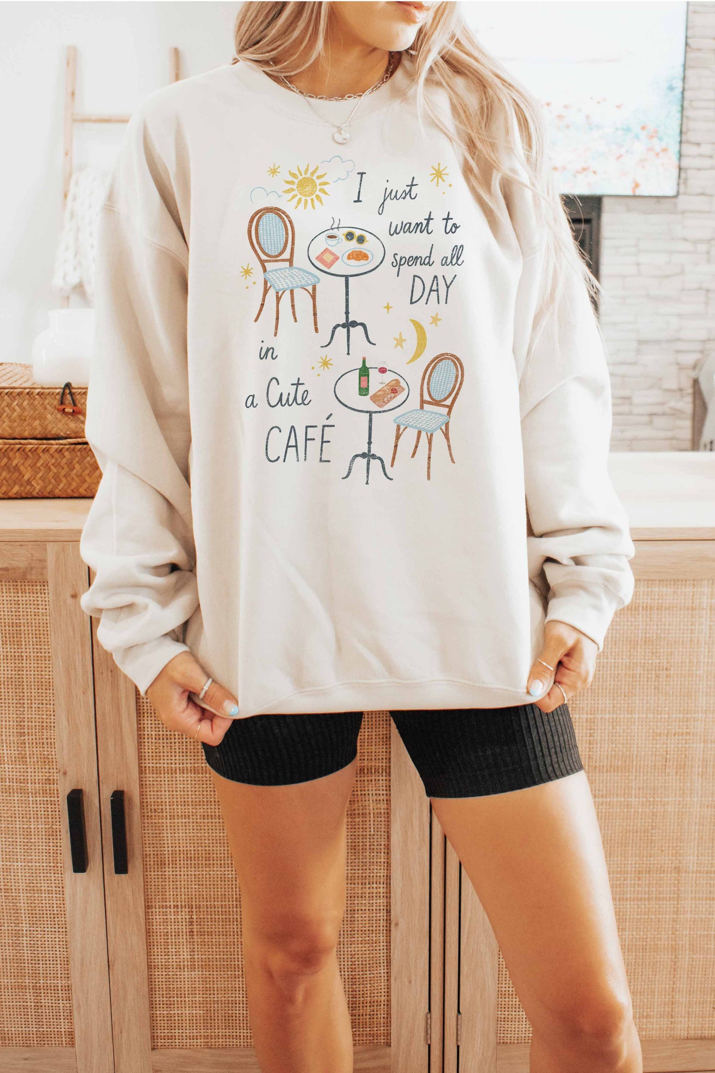 PINK ALL DAY IN A CUTE CAFE  OVERSIZED SWEATSHIRT