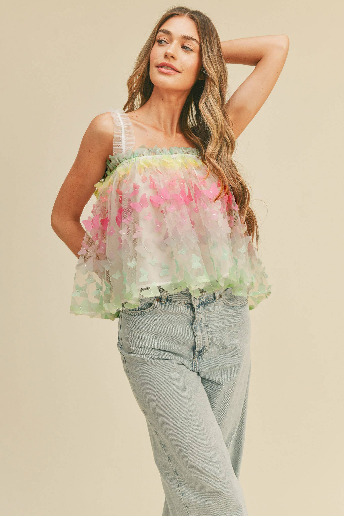 3D OMBRE BUTTERFLY MESH BABYDOLL TOP MTP2359