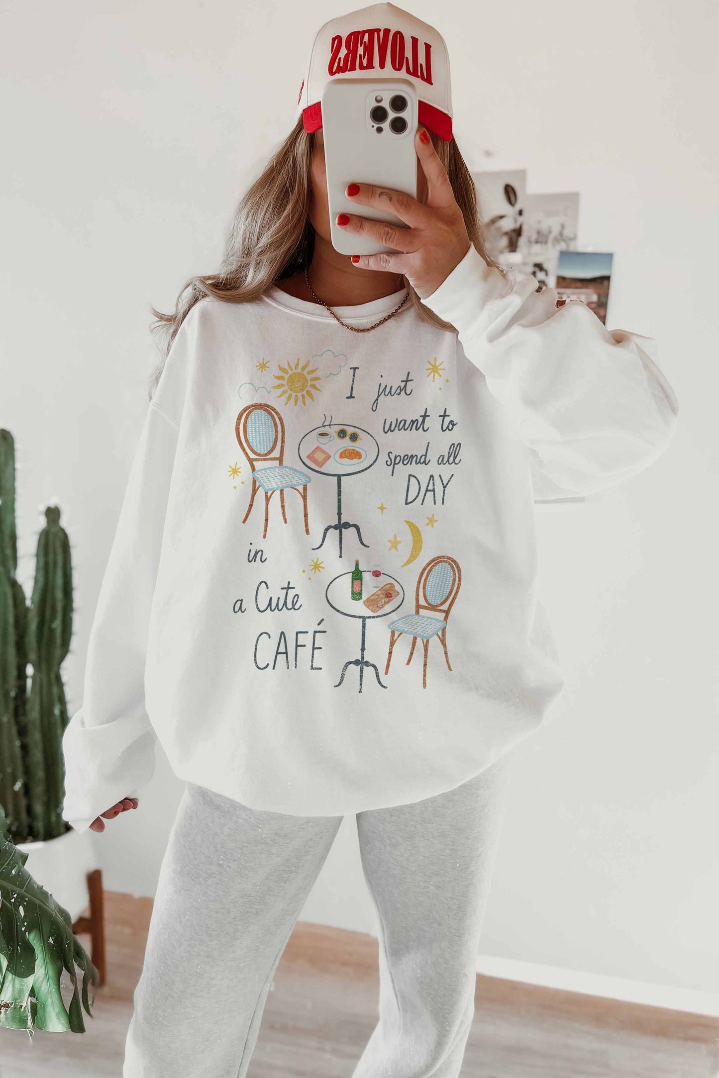 PINK ALL DAY IN A CUTE CAFE  OVERSIZED SWEATSHIRT