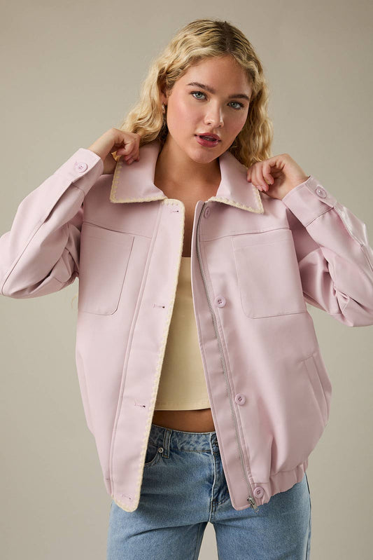 PINK FAUX LEATHER JACKET WITH BLANKET STITCH
