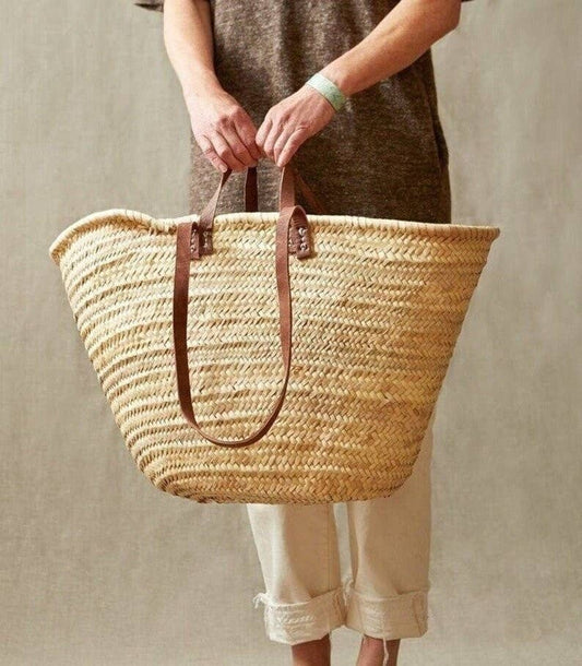 Market basket STRAW BAG Handmade with leather, French Market