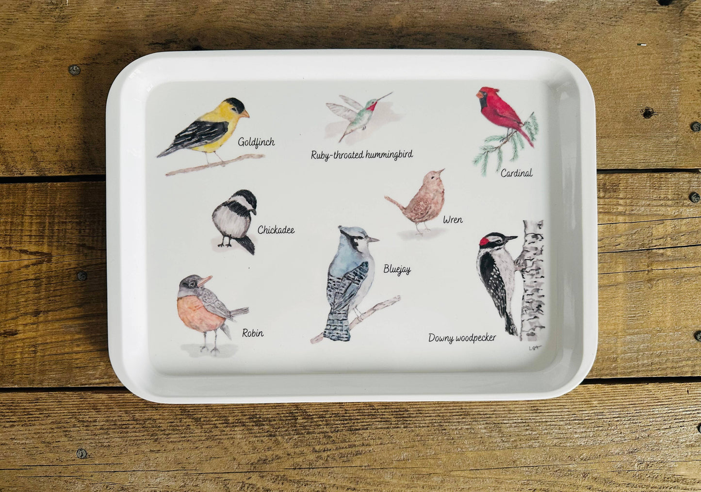 Backyard birds watercolor illustrated melamine serving tray