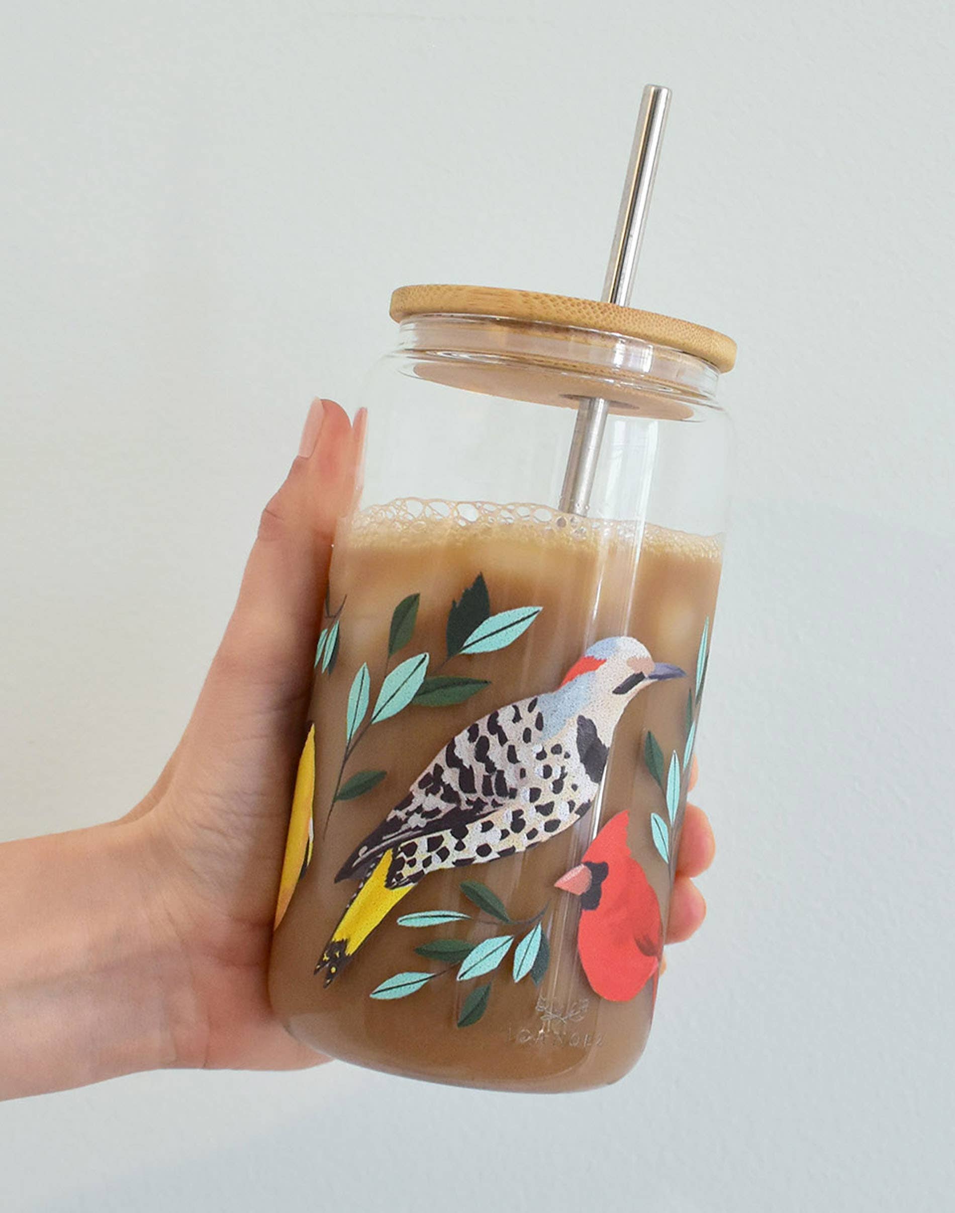Hand-Painted Birds 16 oz. Glass Cup with Bamboo Lid and Stainless Steel Straw