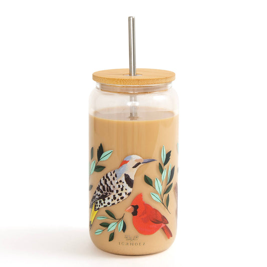 Hand-Painted Birds 16 oz. Glass Cup with Bamboo Lid and Stainless Steel Straw