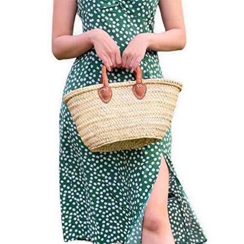 Mini French Market Basket Handwoven Tote with Leather Handle