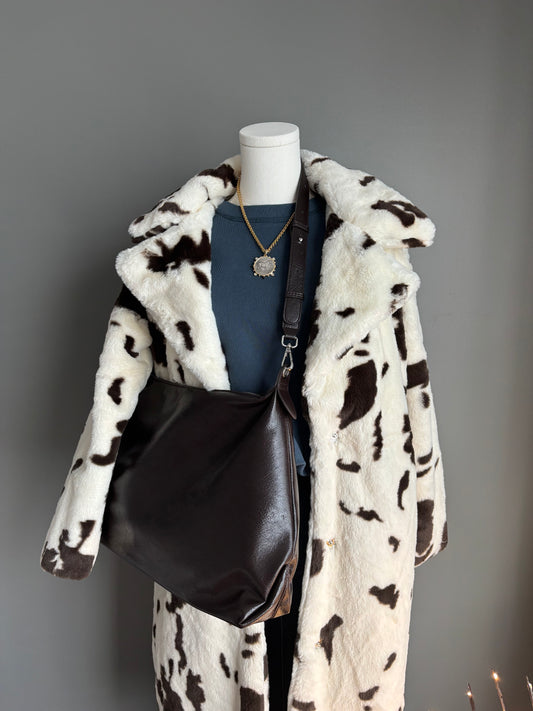 Cow Print Faux Fur Long Overcoat