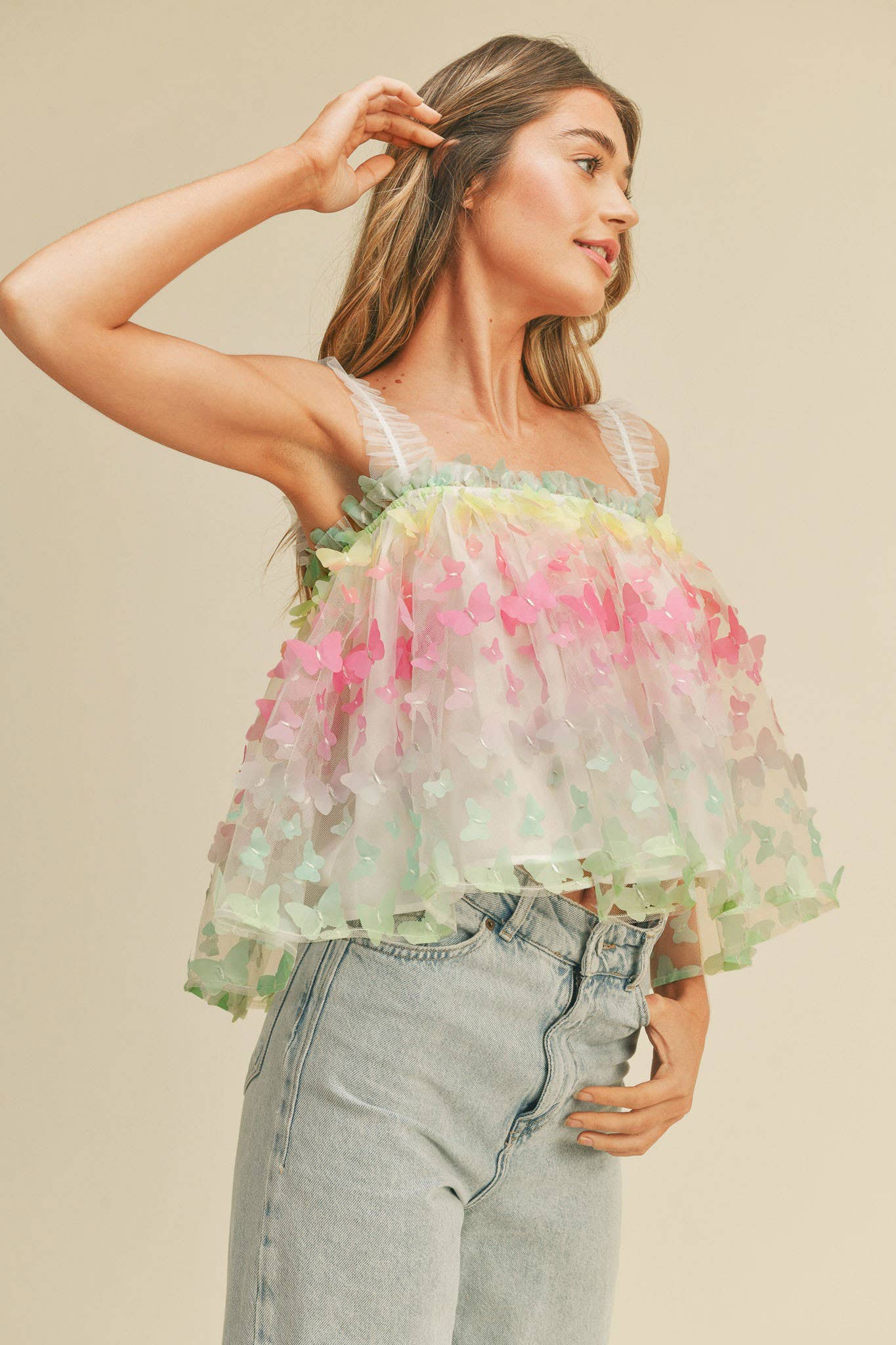 3D OMBRE BUTTERFLY MESH BABYDOLL TOP MTP2359