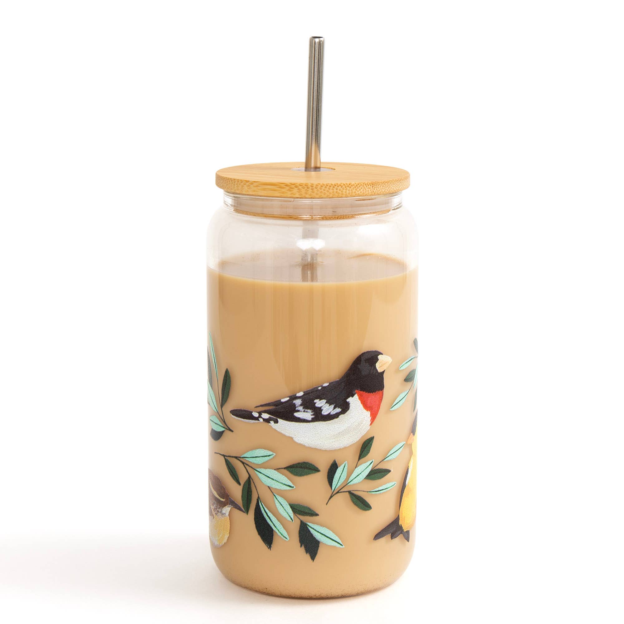 Hand-Painted Birds 16 oz. Glass Cup with Bamboo Lid and Stainless Steel Straw