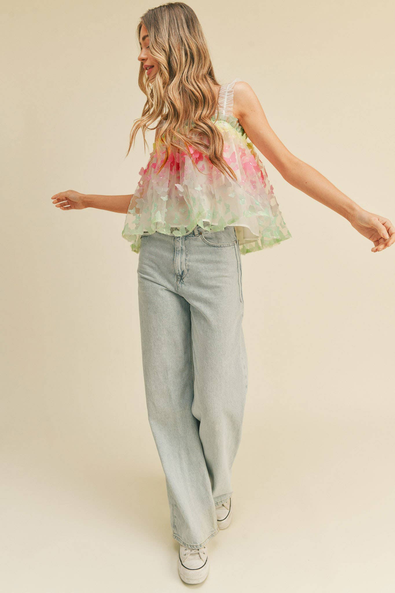 3D OMBRE BUTTERFLY MESH BABYDOLL TOP MTP2359