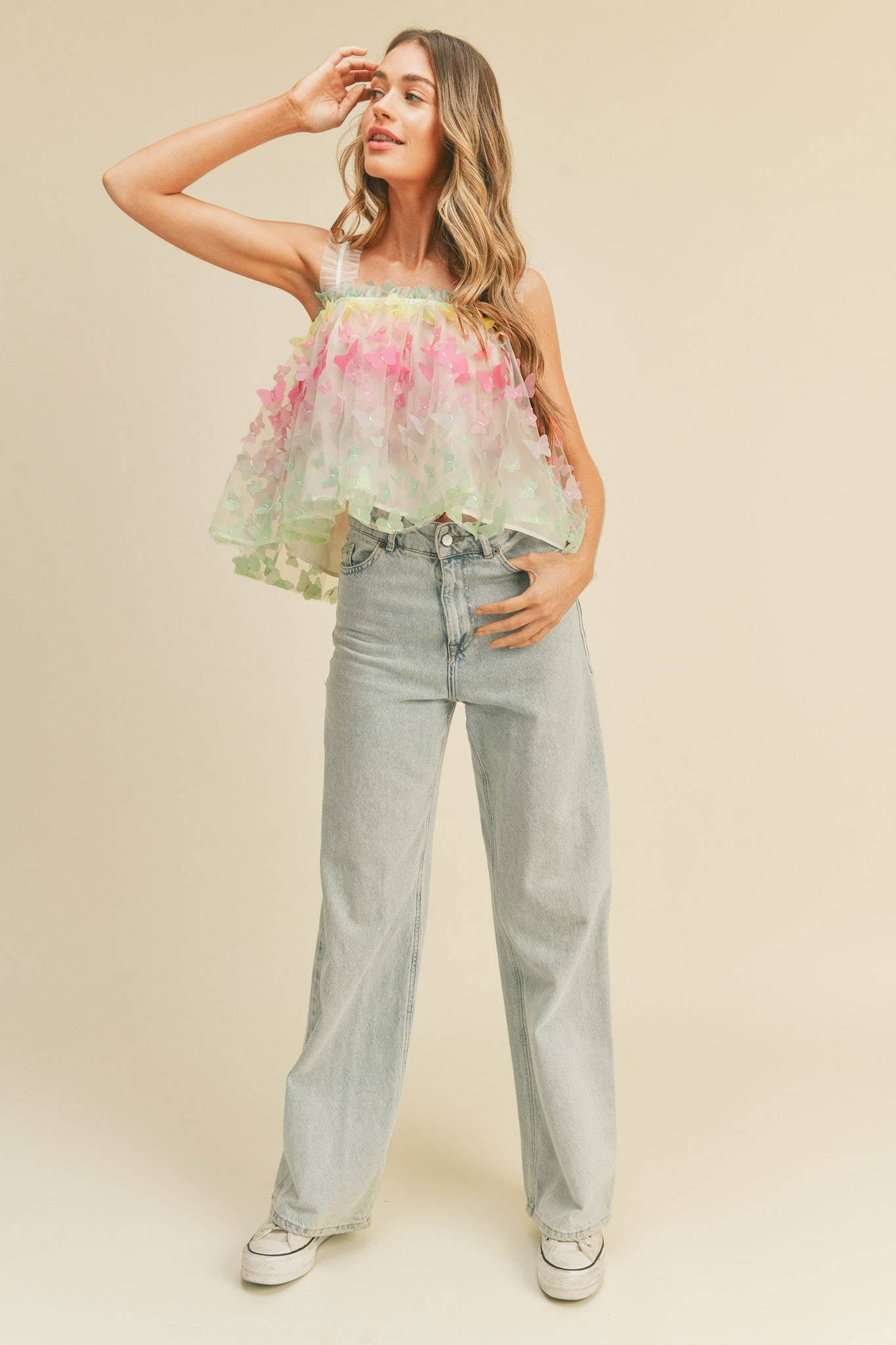 3D OMBRE BUTTERFLY MESH BABYDOLL TOP MTP2359