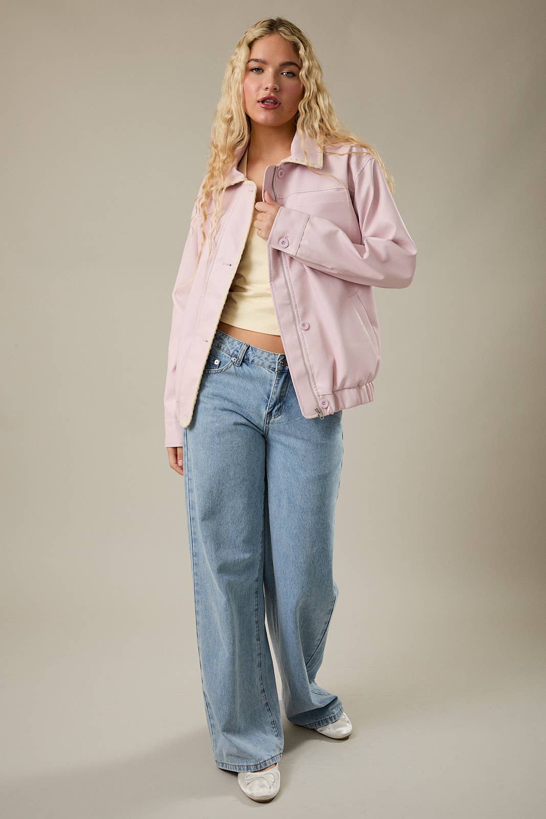 PINK FAUX LEATHER JACKET WITH BLANKET STITCH